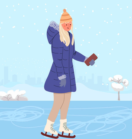 Woman, girls skating on ice rink outdoors in winter. Skater in cold weather with snow. Lake on winter holidays. Flat vector illustration isolated on white backgroundのイラスト素材