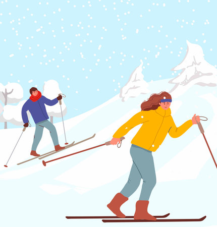 Skiers man and woman, man gliding athlete skiing doing activity winter vacation concept snowfall landscape. Vector hand drawing.のイラスト素材