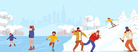 People enjoy in cityscape park at snowy winter season with snowflakes. Skaters on lake frozen ice. People skiing, playing snowballs, winter vacation family Vector illustration Flat hand drawnのイラスト素材