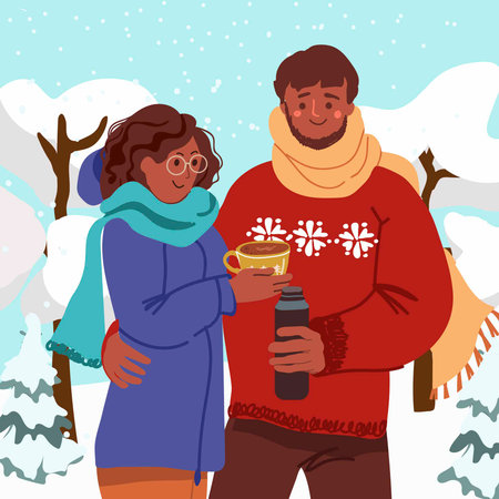 Man and woman drinking hot tea from a thermos in cold winter weather.Falling snow and snowflakes.Characters in sweaters,hats and scarves.Background with snow-covered trees.Vector flat illustration.のイラスト素材