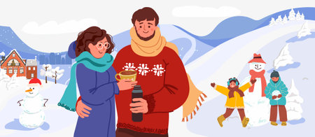 Horizontal banner winter leisure time, family breathing in mountains, children sculpting snowman, parents drinking hot drink from thermos. Hand drawn color flat vector illustrationのイラスト素材