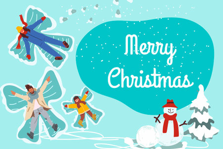 Family having fun, making angel figure with hands and feet, butterflies, top view, snowy winter, leisure, Colored flat vector illustration hand drawn artのイラスト素材