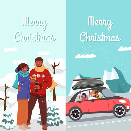 Vertical banners Merry Christmas, people engaged in winter activities, couple in love, family. Hand drawn vector illustration.のイラスト素材