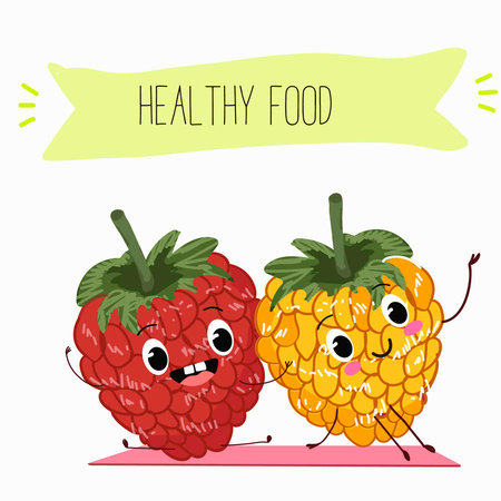 Cute raspberry characters, funny berries, activities, leisure. Hand drawn vector illustration. Organic food, healthy, for kids menu, flyer, advertisement, wrap, label, invitation.のイラスト素材