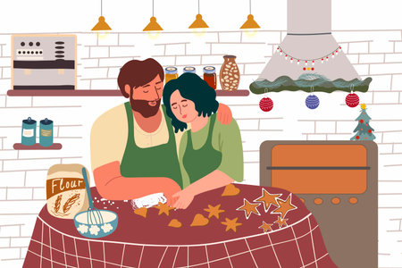 Couple cooking bakery, baking ginger cookies for Christmas at home kitchen. People making gingerbread together for Xmas winter holiday. Hand drawn vector illustrationのイラスト素材