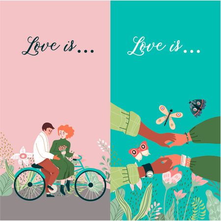 Vertical banner, background, Valentine's Day, love, love story, relationship, hand drawn vector.のイラスト素材