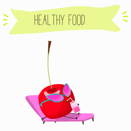 Cute cherry characters, funny berries, activities, leisure. Hand drawn vector illustration. Organic food, healthy, for kids menu, flyer, advertisement, wrap, label, invitation.のイラスト素材