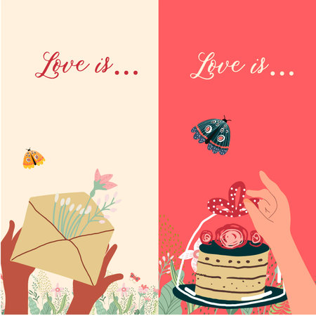 Vertical banner, background, Valentine's Day, love, love story, relationship, hand drawn vector.のイラスト素材