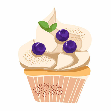 Cupcake with whipped cream, cream, with blueberries, blueberries, hand drawn vector.