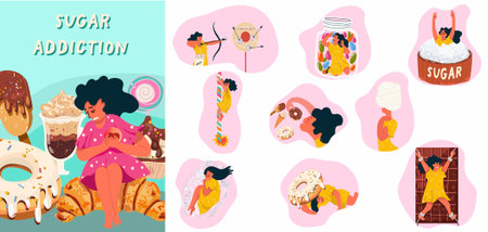 Sugar addiction hand drawn composition with icons of health effects and set of isolated sweets images vector illustration.のイラスト素材