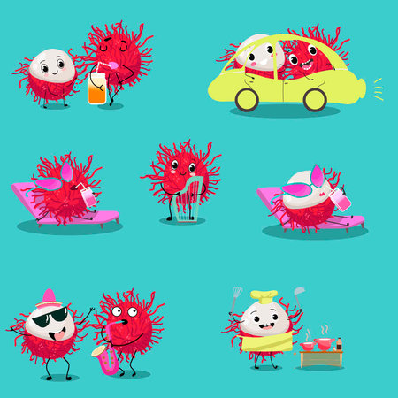 Rambutan fruit cute funny cheerful characters set. Vector hand drawn illustration.のイラスト素材