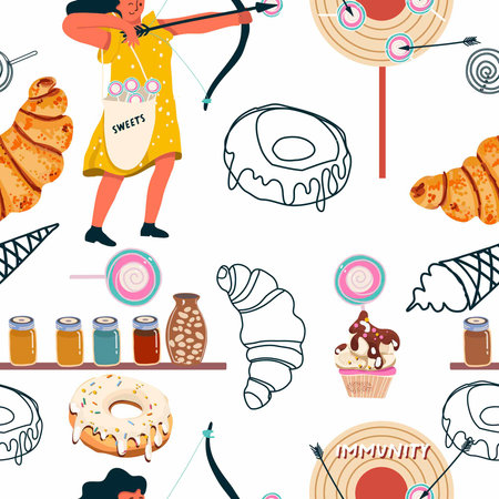 Seamless pattern, sugar addiction, desserts, sweets, girl, woman character, hand drawn, vector.のイラスト素材
