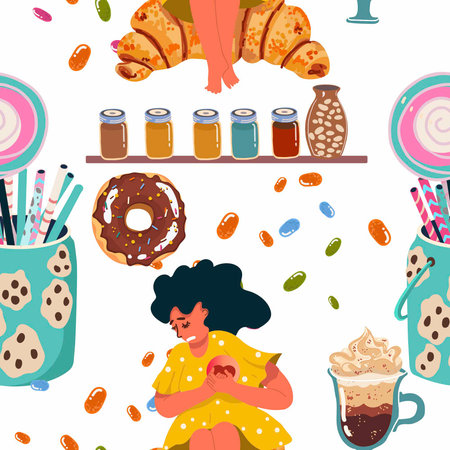 Seamless pattern, sugar addiction, desserts, sweets, girl, woman character, hand drawn, vector.のイラスト素材