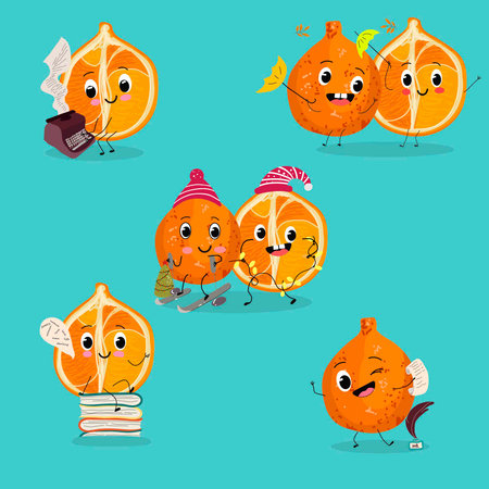 Tangelo, ugli fruit cute funny cheerful characters. Vector hand drawn illustration.のイラスト素材