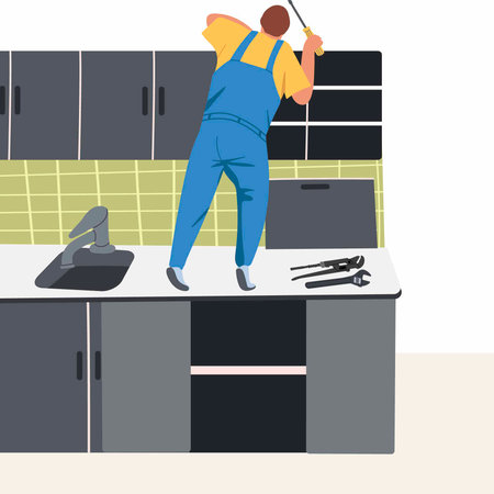 Kitchen cabinet installation and assembly. Worker installing and assembling furniture, apartment renovation, repair. Setting cabinetry. Hand drawn vector illustration.のイラスト素材