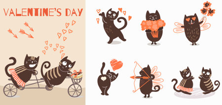 Cute vector set with illustration with cute hand drawn cats for Valentine's Day. Funny cats with hearts busy expressing their love. Festive inspiration for valentine's day.のイラスト素材