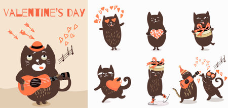 Cute vector set with illustration with cute hand drawn cats for Valentine's Day. Funny cats with hearts busy expressing their love. Festive inspiration for valentine's day.のイラスト素材