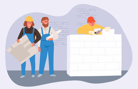 Building repairing workers at construction site. Builders, repairman team, bricklayer laying bricks, installing wall. Hand drawn vector illustrationのイラスト素材