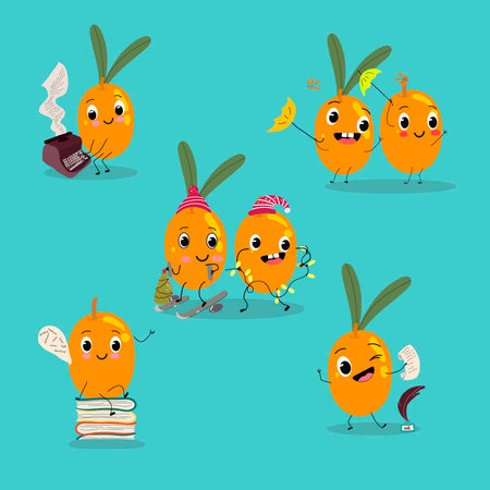Sea buckthorn, funny berry, fruit cute cheerful characters. Vector hand drawn illustration.のイラスト素材