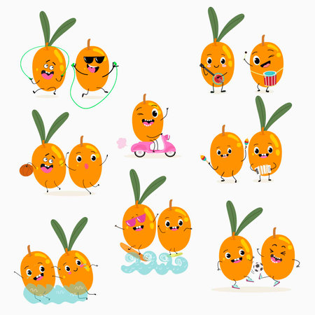 Sea buckthorn, funny berry, fruit cute cheerful characters. Vector hand drawn illustration.のイラスト素材