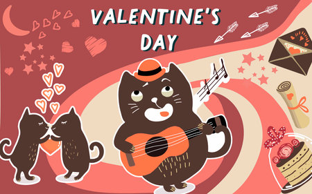 Collage, banner, background, valentine's day, love, love story, kitties, cats in love, animals, hand drawn vector.のイラスト素材