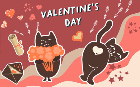 Collage, banner, background, valentine's day, love, love story, kitties, cats in love, animals, hand drawn vector.のイラスト素材