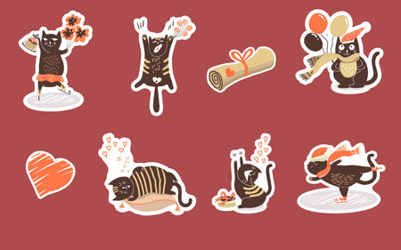 Vector Valentine's stickers with cute cats, kittens, characters. Traditional celebration of love clipart for Valentine's day. Collection of funny icons, love, hand drawn vector.のイラスト素材