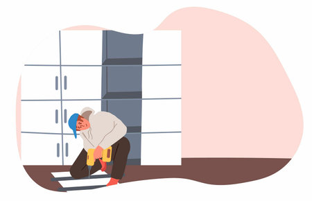 Assembling furniture, wardrobe. Worker installing closet in home interior. Hand drawing vector illustration.のイラスト素材