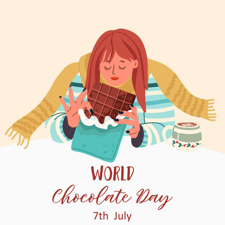 Celebrate World Chocolate Day with this banner. Character of a woman consuming chocolate with pleasure. Perfect for social media, candy store. Delicious Food.のイラスト素材