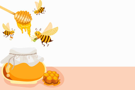 illustration vector graphic of wooden honey spoon and jar, featuring flying bees, perfect for international day, world bee day, celebrate, greeting card, etc.のイラスト素材