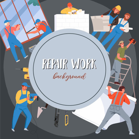 Background, frame, hand drawn vector illustration. Happy repairmen doing renovation at home, repairing window in building. Worker during wall penetration with power drill. Woman decorating wall.のイラスト素材
