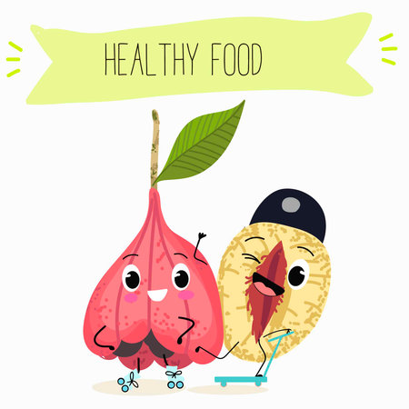 Ackee (Blighia sapida), or achee, medicinal plant, funny fruit cute cheerful characters. Vector hand drawn illustration.のイラスト素材