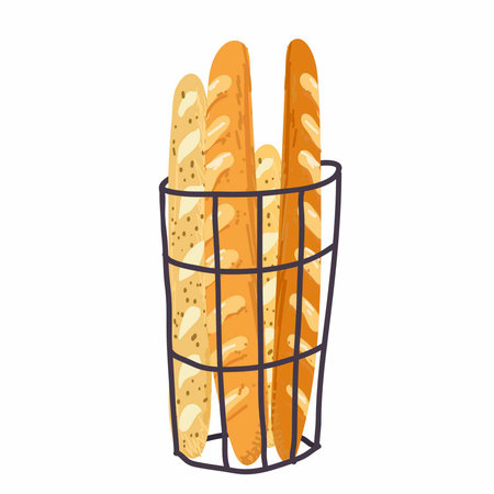 French baguettes in basket. Fresh bakery, baked whole cereal wheat bread sticks with crust. Homemade food. Baguette, breakfast product. Flat vector illustration.のイラスト素材