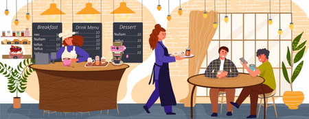 People in cozy cafe, coffee shop interior, customers and waitress, vector illustration. Stylish restaurant, comfortable bakehouse, dessert menu, bakery. Hand drawn vector illustration.のイラスト素材