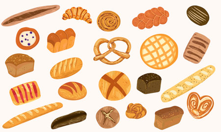 Bundle of breads and homemade baked products of different types, shapes and sizes - loaf, bun, baguette, toast, muffin, pretzel, waffle. Hand drawn vector illustration.のイラスト素材