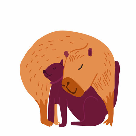 Capybara cute animal vector illustration with cat, hand drawn.のイラスト素材