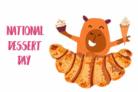 Celebrate National Dessert Day with this banner. Cute capybara and croissant Perfect for social media, candy store. Delicious Food. Hand drawn vector illustration.のイラスト素材
