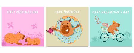 Postcards with capybaras cards for mothers day, lovers day, saint valentine, birthday, holiday. Handmade vector drawing.のイラスト素材