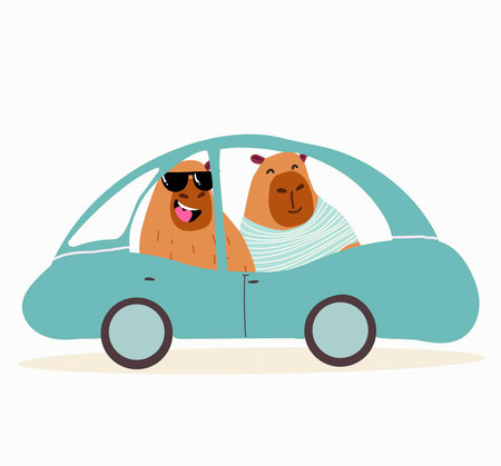 Cute Capybaras ride in car. Funny smiling cartoon kawaii character animal. Vector illustration. Hand drawn.のイラスト素材