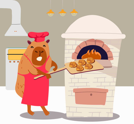 Capybara chef, bakes buns in the oven, homemade product, bakery. Character of cute animal, hand drawn vector.のイラスト素材
