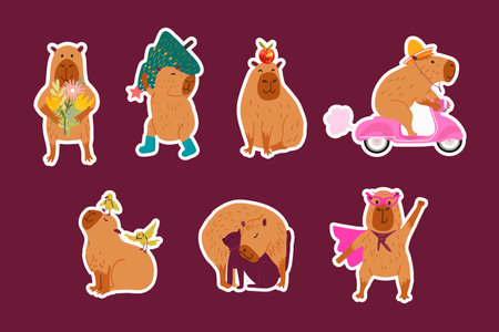 A set of funny capybara stickers. Cute capybara, capibara, capy, collection, different activities, hand drawn vector illustration.のイラスト素材