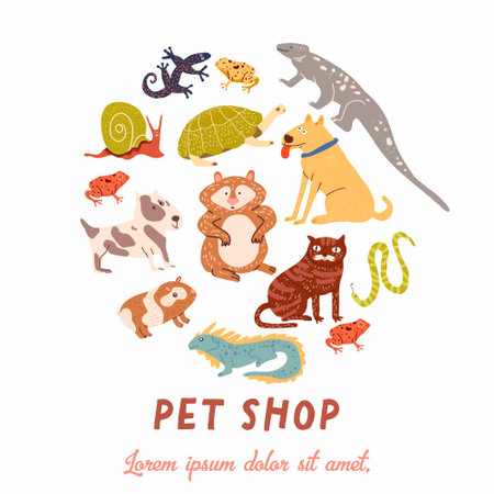 Pet shop round composition with different animals on white background. Vector hand drawn illustration isolated on white.のイラスト素材