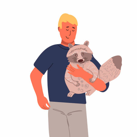 The guy is holding a pet raccoon.Hand drawn vector illustrationのイラスト素材