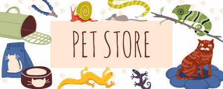 Pet store, ad banner design. Feline and canine animal shop, promo background. Marketing promotion for cats and dogs accessories, goods, supplies, toys and feed sale. Flat vector illustrationのイラスト素材