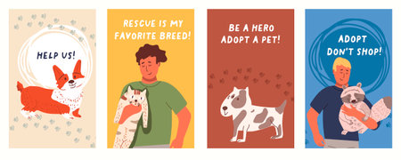 A set of templates for social media stories about adopting cats and dogs. A cute puppy, a kitten, corgi, bull terrier.Hand drawn vector cards, illustration.のイラスト素材