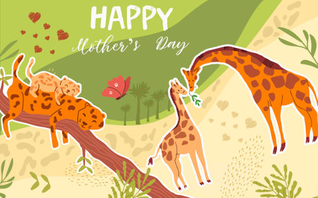 Mother's day, collage design, horizontal background, banner, Holiday greeting card background, flat hand drawn vector illustration.のイラスト素材