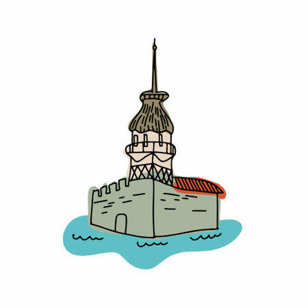 Maiden tower in istanbul line art illustration, liner hand drawn vector illustration.のイラスト素材