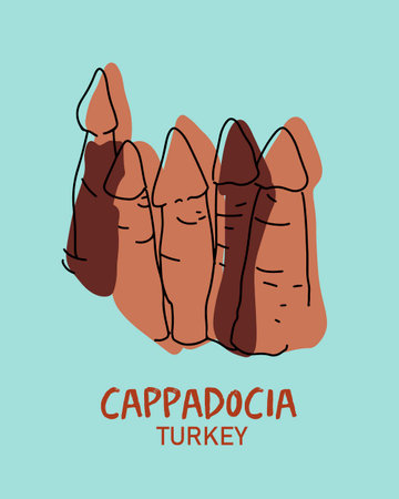Stone pillars of Cappadocia. Vector illustration liner hand drawn art.のイラスト素材