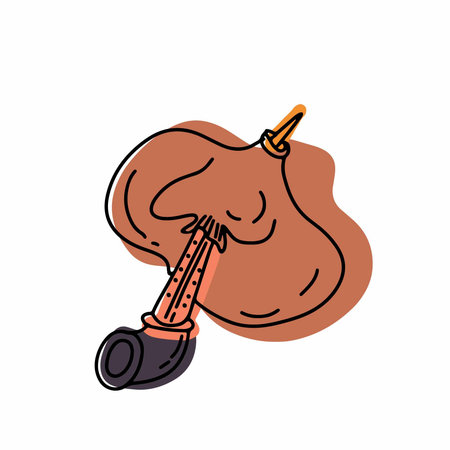Traditional Turkish musical instruments. Baglama, kemence, sipsi, tulum, ney and davul. Black silhouettes technique drawing.. Hand drawn vector illustration.のイラスト素材
