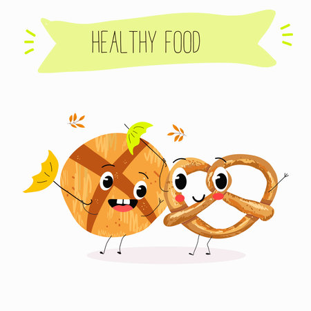 Baked food funny characters, hand drawn vector illustration.のイラスト素材